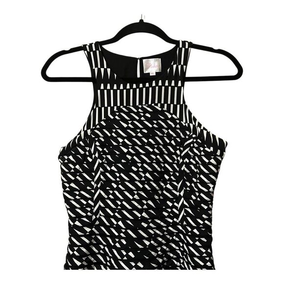 PARKER XS Black White Geo Silk Mesh Fit Flare Panel Dress Cocktail Party - Picture 3 of 6